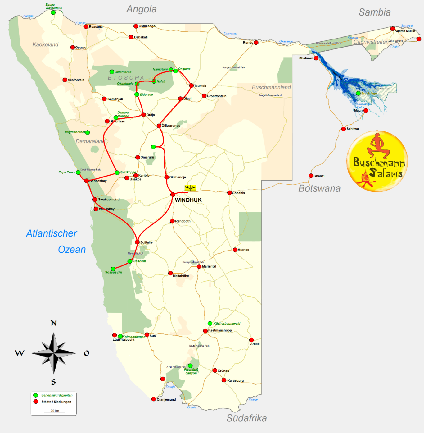 Karte von Namibia mit Straßen, Städten und geographischen Merkmalen.