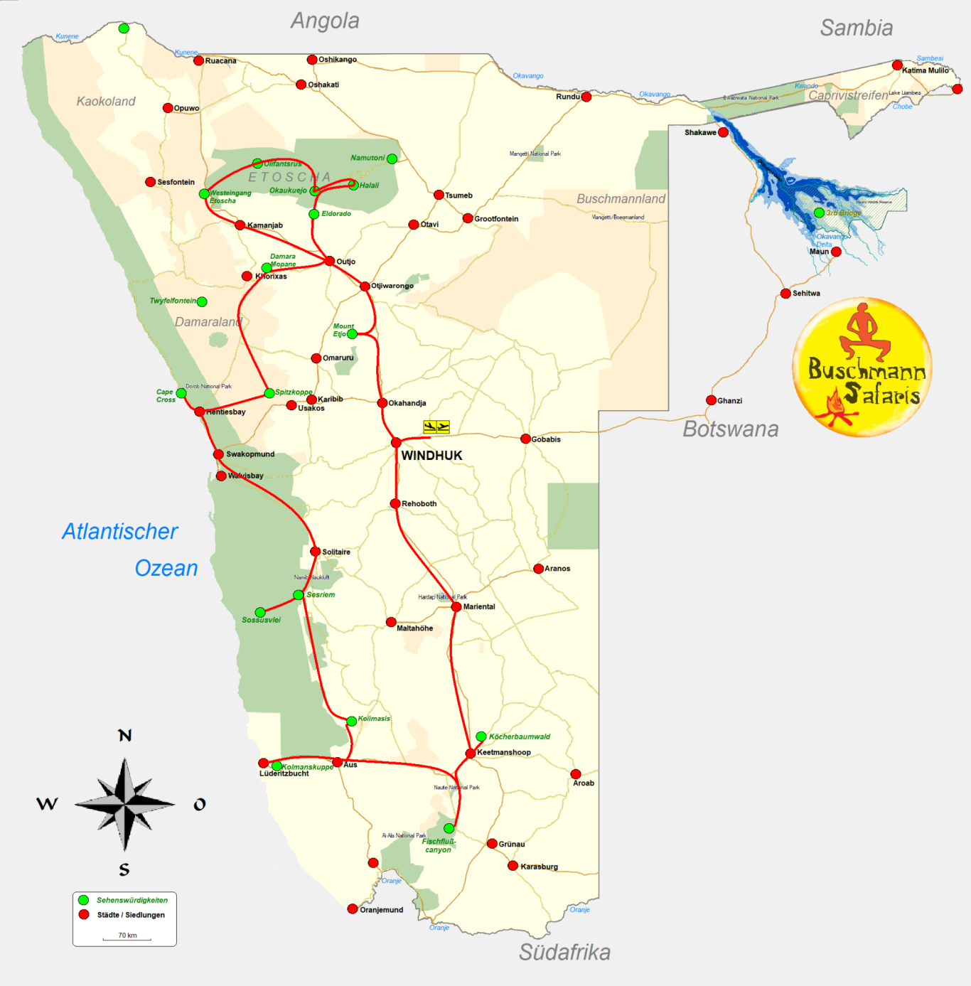 Karte von Namibia mit Straßen, Städten und geographischen Merkmalen.